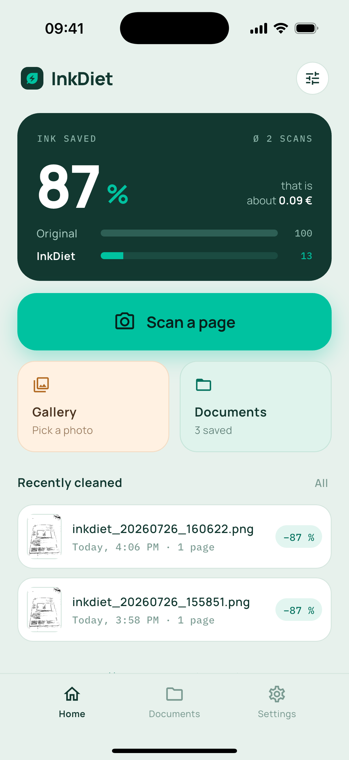 Home screen showing how much ink was saved